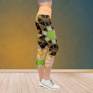 Mosaic Mandala Flower Green Yellow and Black Capri Leggings