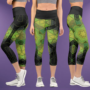 Mosaic Mandala Flower Green Yellow and Black Capri Leggings