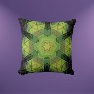 Mosaic Mandala Flower Green Yellow and Black Cushion