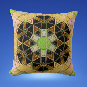 Mosaic Mandala Flower Green Yellow and Black Cushion