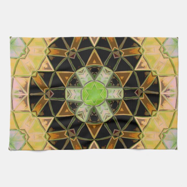 Mosaic Mandala Flower Green Yellow and Black Tea Towel (Horizontal)