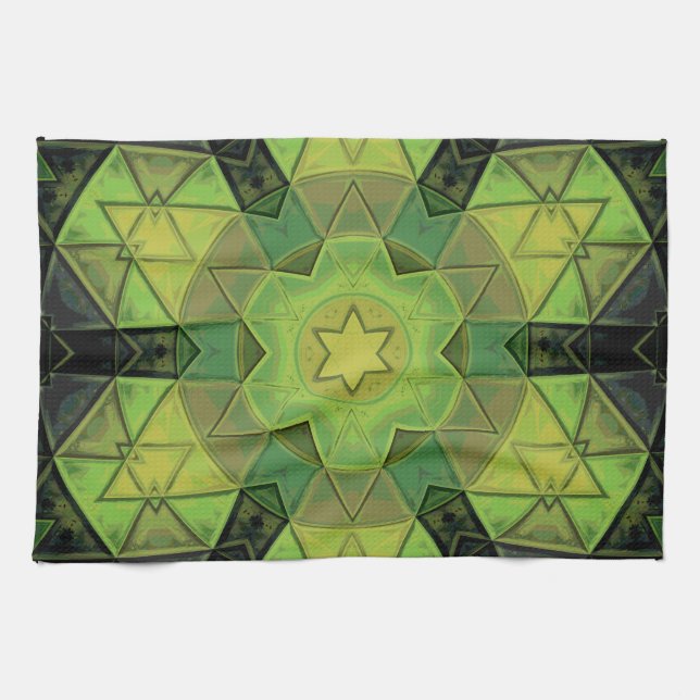 Mosaic Mandala Flower Green Yellow and Black Tea Towel (Horizontal)