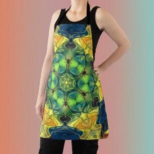 Mosaic Mandala Flower Green Yellow and Blue Apron
