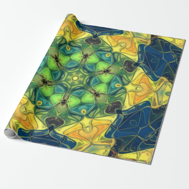 Mosaic Mandala Flower Green Yellow and Blue Wrapping Paper (Unrolled)