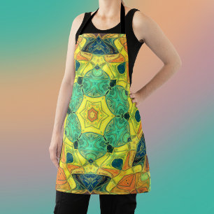 Mosaic Mandala Flower Green Yellow Blue and Orange Apron