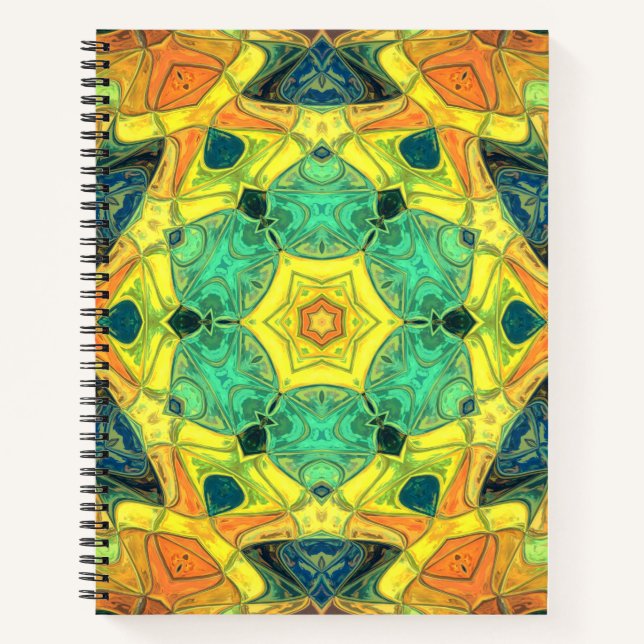 Mosaic Mandala Flower Green Yellow Blue and Orange Notebook (Front)
