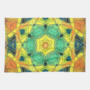 Mosaic Mandala Flower Green Yellow Blue and Orange Tea Towel