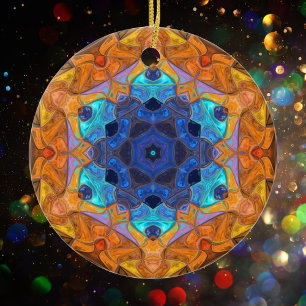 Mosaic Mandala Flower Orange and Blue Ceramic Ornament