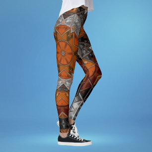 Mosaic Mandala Flower Orange White and Black Leggings