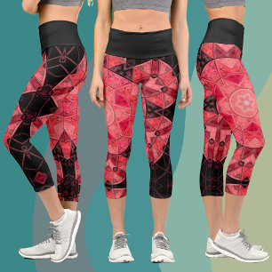 Mosaic Mandala Flower Pink and Black Capri Leggings