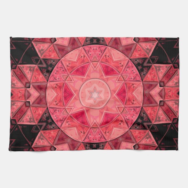 Mosaic Mandala Flower Pink and Black Tea Towel (Horizontal)
