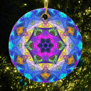 Mosaic Mandala Flower Pink Blue and Yellow Ceramic Ornament