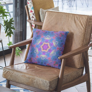 Mosaic Mandala Flower Pink Blue and Yellow Cushion