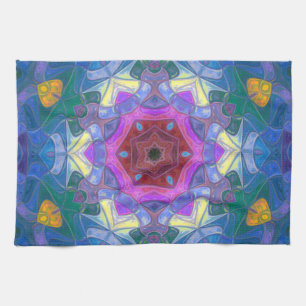 Mosaic Mandala Flower Pink Blue and Yellow Tea Towel