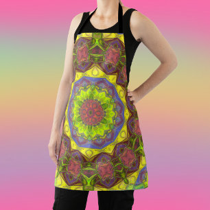 Mosaic Mandala Flower Pink Yellow and Green Apron