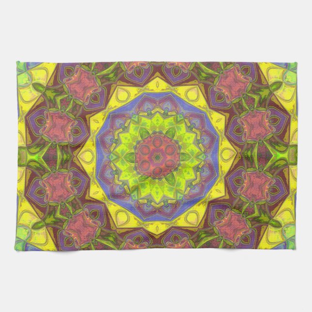 Mosaic Mandala Flower Pink Yellow and Green Tea Towel (Horizontal)