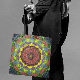 Mosaic Mandala Flower Pink Yellow and Green Tote Bag