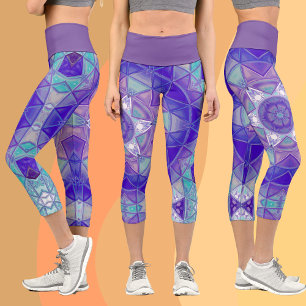 Mosaic Mandala Flower Purple Blue and White Capri Leggings