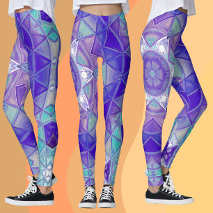 Mosaic Mandala Flower Purple Blue and White Leggings