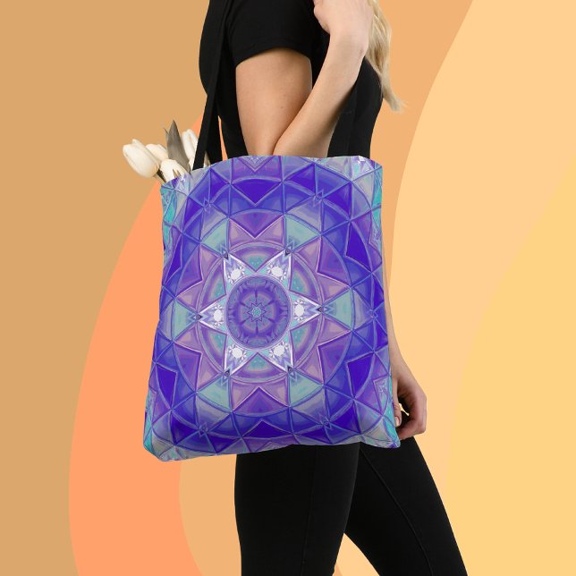 Mosaic Mandala Flower Purple Blue and White Tote Bag (Creator Uploaded)