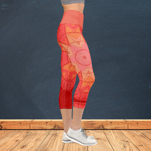 Mosaic Mandala Flower Red and Orange Capri Leggings