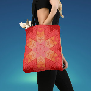 Mosaic Mandala Flower Red and Orange Tote Bag