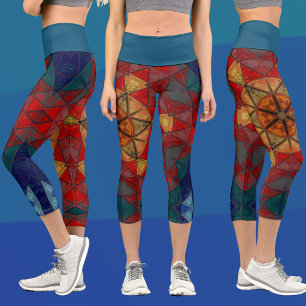 Mosaic Mandala Flower Red Blue and Yellow Capri Leggings