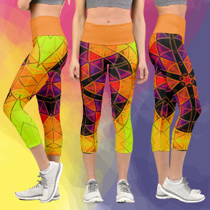 Mosaic Mandala Flower Red Purple and Orange Capri Leggings