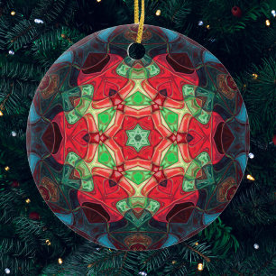 Mosaic Mandala Flower Red Teal and Blue Ceramic Ornament