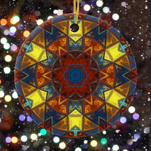 Mosaic Mandala Flower Red Yellow and Blue Ceramic Ornament