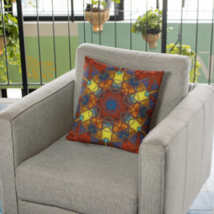 Mosaic Mandala Flower Red Yellow and Blue Cushion