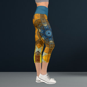 Mosaic Mandala Flower Yellow and Blue Capri Leggings