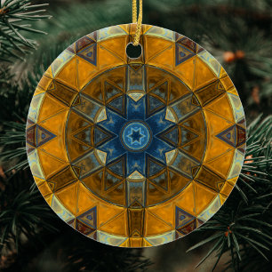 Mosaic Mandala Flower Yellow and Blue Ceramic Ornament