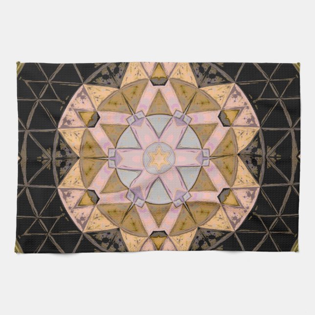 Mosaic Mandala Flower Yellow Blue and Black Tea Towel (Horizontal)