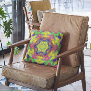 Mosaic Mandala Flower Yellow Blue and Green Cushion