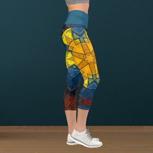 Mosaic Mandala Flower Yellow Blue and Red Capri Leggings