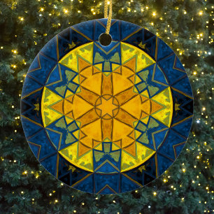 Mosaic Mandala Flower Yellow Blue and Red Ceramic Ornament