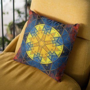 Mosaic Mandala Flower Yellow Blue and Red Cushion