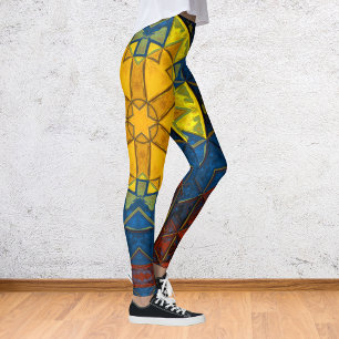 Mosaic Mandala Flower Yellow Blue and Red Leggings
