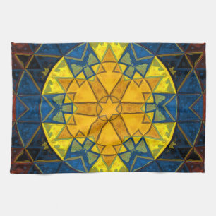 Mosaic Mandala Flower Yellow Blue and Red Tea Towel