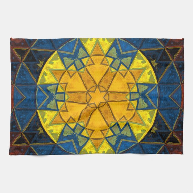 Mosaic Mandala Flower Yellow Blue and Red Tea Towel (Horizontal)
