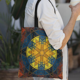 Mosaic Mandala Flower Yellow Blue and Red Tote Bag