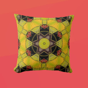 Mosaic Mandala Flower Yellow Green Red and Black Cushion