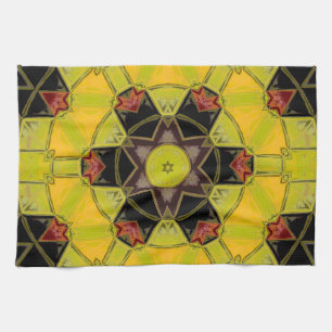 Mosaic Mandala Flower Yellow Green Red and Black Tea Towel