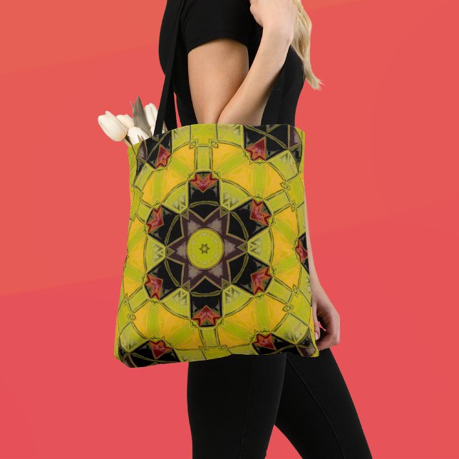 Mosaic Mandala Flower Yellow Green Red and Black Tote Bag (Creator Uploaded)