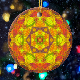 Mosaic Mandala Flower Yellow Orange and Purple Ceramic Ornament