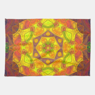 Mosaic Mandala Flower Yellow Orange and Purple Tea Towel