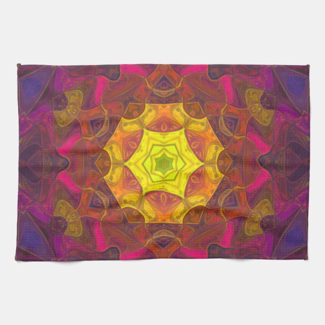 Mosaic Mandala Flower Yellow Pink and Purple Tea Towel (Horizontal)