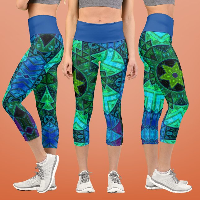 Mosaic Mandala Green and Blue Capri Leggings (Creator Uploaded)