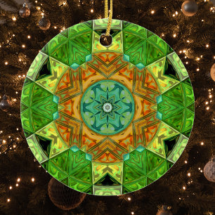 Mosaic Mandala Orange and Green Ceramic Ornament